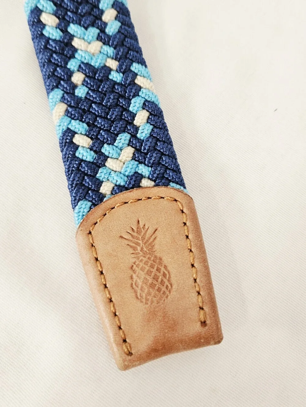 Chubbies Braided Woven Stretch Belt Blue Tan Leather Silver Buckle 43